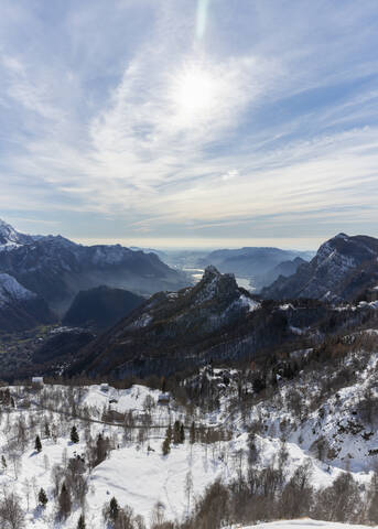 Scenic view of snow covered mountains against sky, Orobic alps, Lecco, Italy stock photo