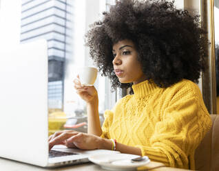 Junge Frau trinkt Kaffee und arbeitet am Laptop in einem Café - JCCMF00366