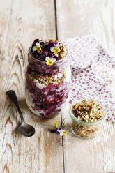 Jar of yogurt with blueberries, muesli and edible flowers - EVGF03861