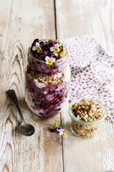 Joghurtbecher mit Heidelbeeren, Müsli und essbaren Blüten - EVGF03861