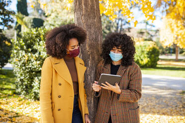 Young women wearing protective face mask using digital tablet while leaning on tree at park - MRRF00726