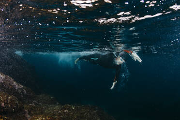 Underwater view of man diving in sea - JRFF04985