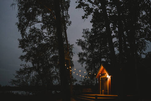 Illuminated lights hanging on tree by cottage seen during sunset - MASF21169