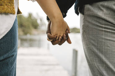 Mittelteil eines männlichen und eines weiblichen Partners, die sich bei einem geselligen Beisammensein am See an den Händen halten - MASF21177