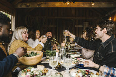 Smiling men and women toasting with drinks by dining table social gathering - MASF21195