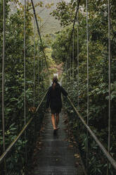 Mid erwachsene Frau zu Fuß auf Hängebrücke inmitten von Bäumen und Pflanzen im Wald während regnerischen Tag - DMGF00425