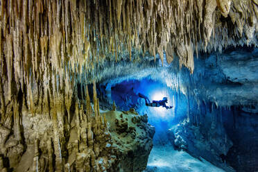 Man scuba diving in sea, Cenote Uku Cusam, Quintana Roo, Mexico - YRF00237