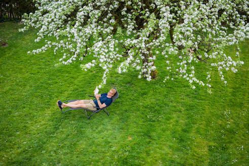 Ein Mann liest ein Buch auf einem Stuhl unter einem Baum im Garten - MEF00070