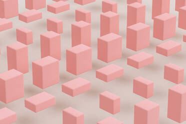 Three dimensional render of pink cuboids floating against gray background - GCAF00044