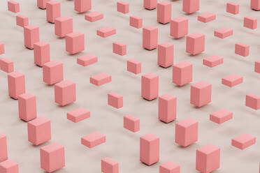 Three dimensional render of pink cuboids floating against gray background - GCAF00045