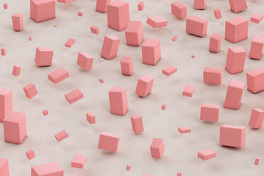 Three dimensional render of pink cuboids floating against gray background - GCAF00047