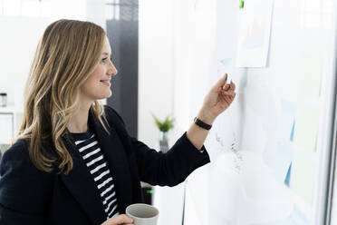 Smiling business woman standing at whiteboard in office - GIOF10494