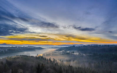 Germany, Baden-Wurttemberg, Drone view of Swabian Forest at foggy dawn - STSF02742