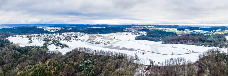 Germany, Baden-Wurttemberg, Drone view of Swabian Forest in winter - STSF02747