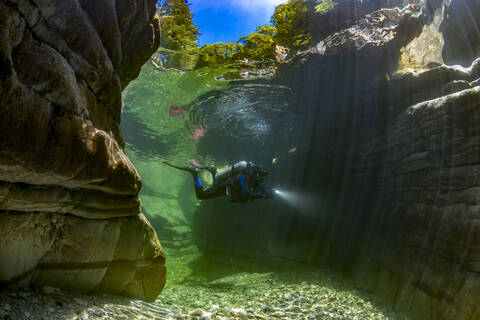 Man scuba diving in Taugl river, Austria stock photo