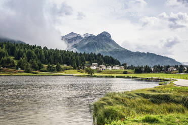 Silser See mit Bergdorf im Hintergrund - MAMF01517