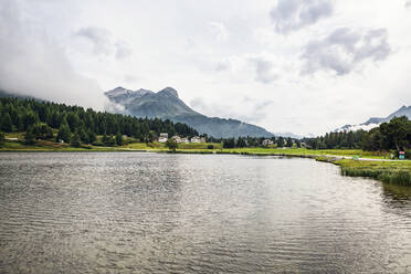Silser See mit Bergdorf im Hintergrund - MAMF01518