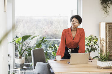 Woman standing at table with laptop at home - UUF22469