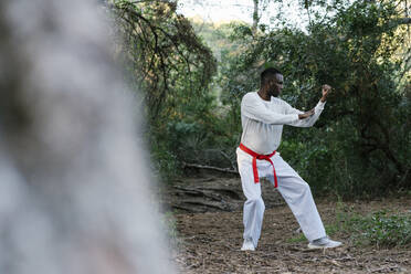 Adult man practicing martial arts in forest - EGAF01419