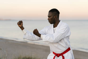 Erwachsener Mann übt Kampfsportarten am sandigen Küstenstrand - EGAF01441