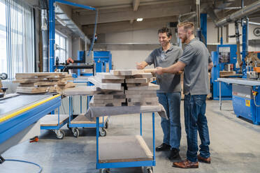 Two carpenters examining wooden planks in production hall - DIGF14266