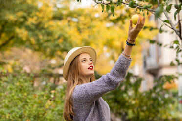 Young woman with blond hair and hat in an urbanic garden - CAVF91642