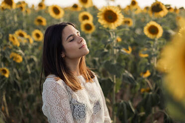 Peaceful female standing in meadow with blooming sunflowers and enjoying nature with closed eyes - ADSF19735
