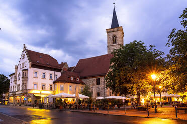 Germany, Erfurt, Wenigemarkt, old town square with St Giles church at dusk - TAMF02704