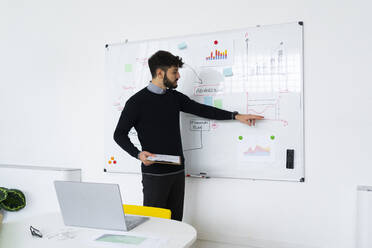 Businessman having presentation in office, pointing at whiteboard - GIOF10575