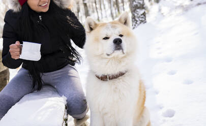 Lächelnde Frau, die eine Kaffeetasse hält und auf einer Bank neben einem Akita-Hund im Schnee sitzt - JCCMF00843