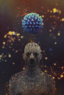 3d visualization of blue virus cell over head of man for health care conceptual design with blurred background - ADSF19916