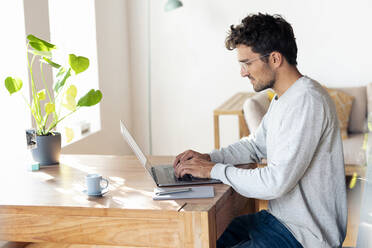 Mittlerer erwachsener Mann mit Brille, der im Büro zu Hause am Laptop arbeitet - SBOF02415