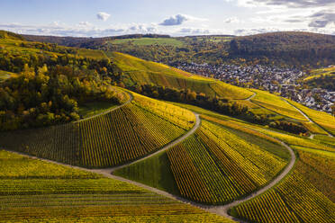 Deutschland, Baden-Württemberg, Weinstadt, Luftaufnahme von Weinbergen und Hügeln an einem Herbsttag - WDF06478