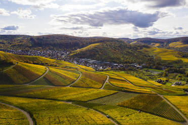 Deutschland, Baden-Württemberg, Weinstadt, Luftaufnahme von Weinbergen und Hügeln an einem Herbsttag - WDF06480