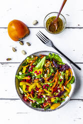 Gemischter Salat mit Paprika, Feta, Pistazien, Tomaten, Granatapfelkernen, Kaki und Dressing - SARF04651