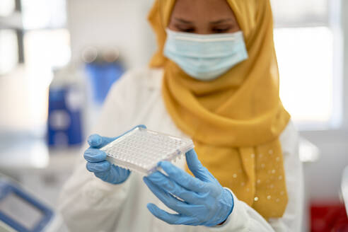 Wissenschaftlerin in Hidschab und Gesichtsmaske mit Probentablett - CAIF30102