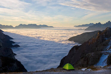 Tent above the clouds, Trentino-Alto Adige, South Tyrol in Bolzano district, Alta Pusteria, Hochpustertal,Sexten Dolomites, Italy - MINF15553