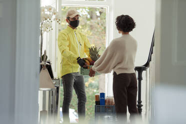 Woman receiving grocery delivery from courier in face mask - CAIF30197