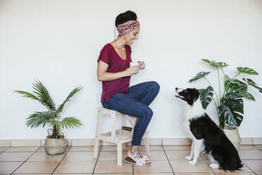 Woman smiling at Border Collie while sitting on stool with coffee cup against wall - EBBF02228