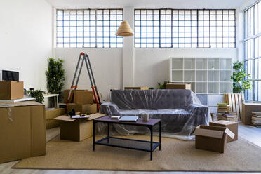 Interieur einer neuen Loftwohnung mit Kartons und Möbeln - GIOF10697