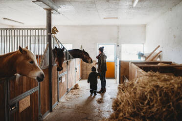 Mutter und Kind füttern ein Pferd in einem Stall auf einem Bauernhof im Winter - CAVF91983