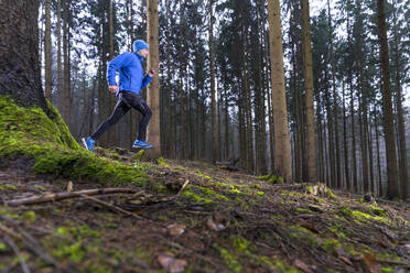 Männlicher Jogger beim Laufen im winterlichen Nadelwald - STSF02759