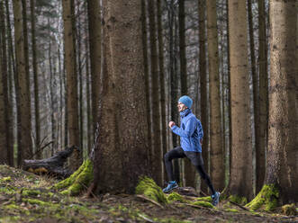 Mann läuft im Winter durch den Wald - STSF02762