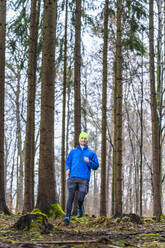 Mann joggt auf einem Pfad inmitten von Nadelbäumen im Wald - STSF02765