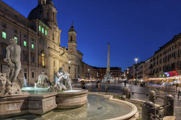 Italy, Rome, Piazza Navona, Moor Fountain, Fountain at night - ABOF00636