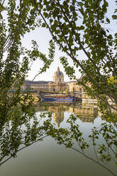 France, Ile-de-France, Paris, Institut de France reflecting in river Seine with branches in foreground - AHF00287