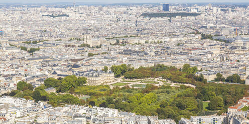 France, Ile-de-France, Paris, Aerial view of Luxembourg Gardens surrounded by white architecture - AHF00295