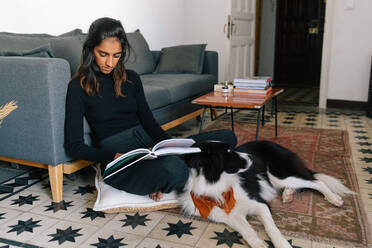 Nachdenkliche indische Frau liest eine interessante Geschichte in einem Buch und sitzt mit einem flauschigen freundlichen Border Collie Hund auf dem Boden - ADSF20368