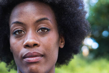 Schwarze Frau mit Afrofrisur schaut in die Kamera - ADSF20456