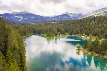 Switzerland, Graubunden, Cauma Lake, Aerial view of lake - TAMF02797